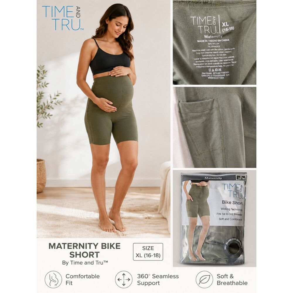Time and Tru Maternity Biker Shorts Olive XXL Moisture Wicking Cell Phone Pocket